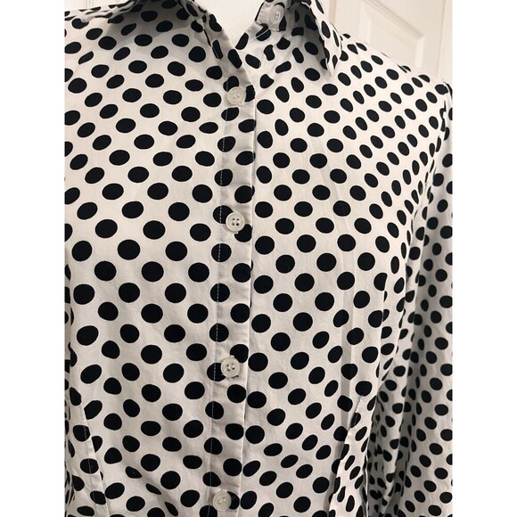Greysn Polka Dot Peplum Back Black White Button Front Blouse Size L - Picture 2 of 8